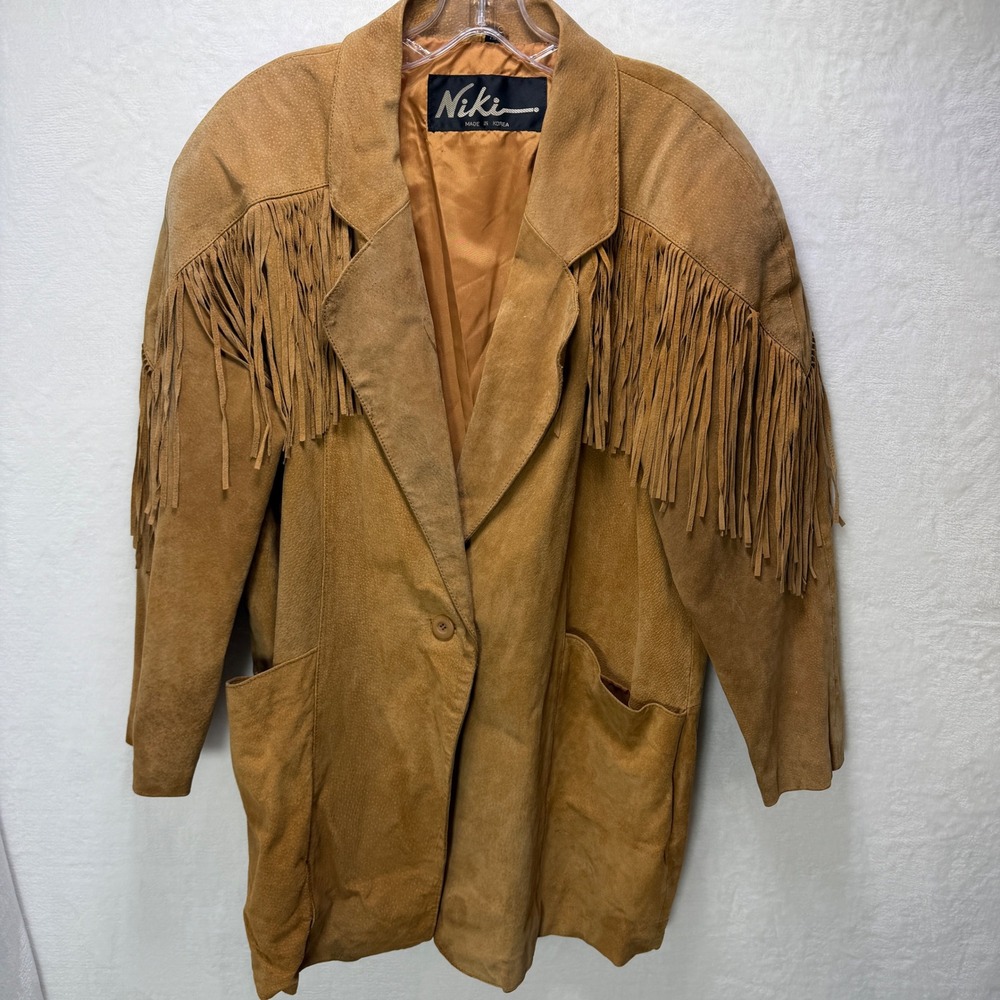 Vintage Niki Brown Leather Fringe Jacket Mens XL Western Suede Coat Korea *Read